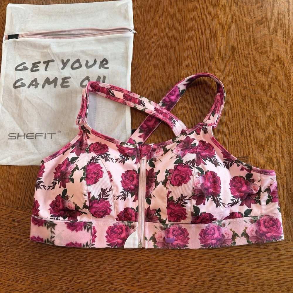 SHEFIT Ultimate Sports Bra High Impact Pink Floral 3 Luxe Bust New w/ washbag
